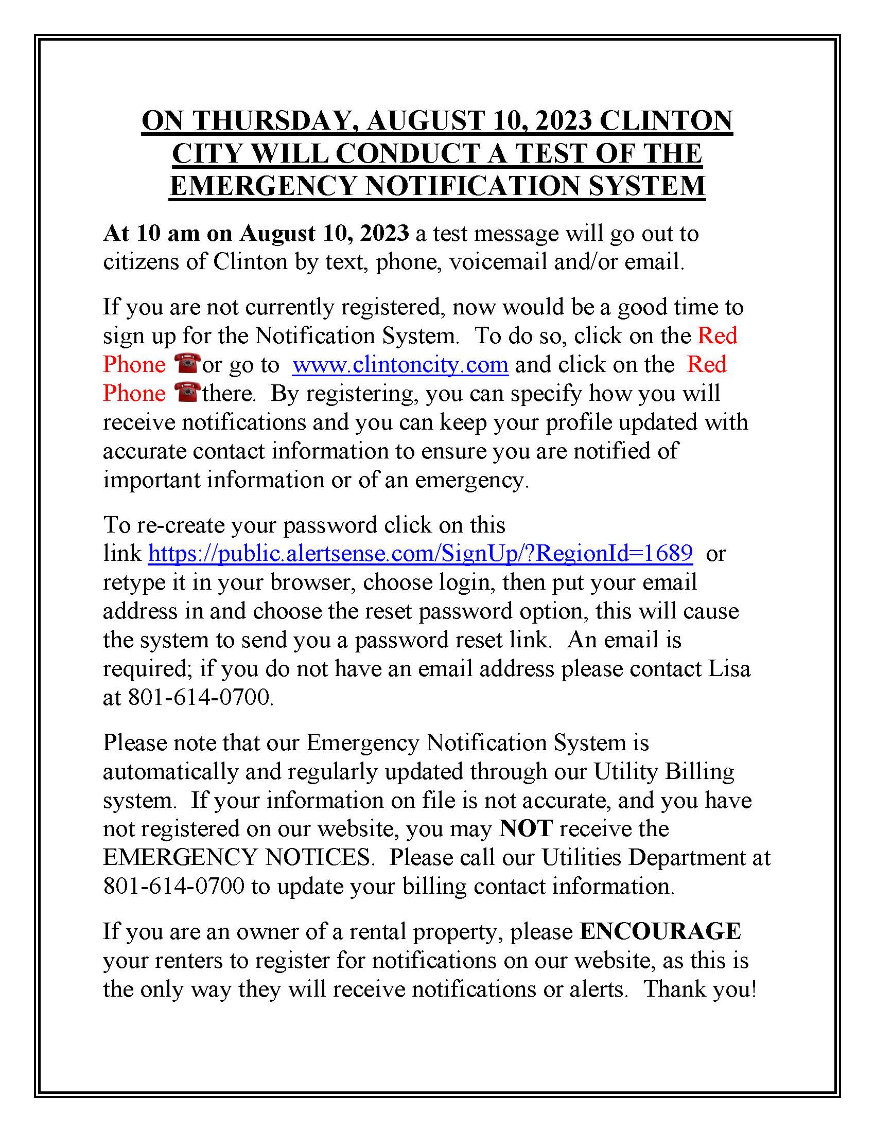 Test of Emergency Notification System