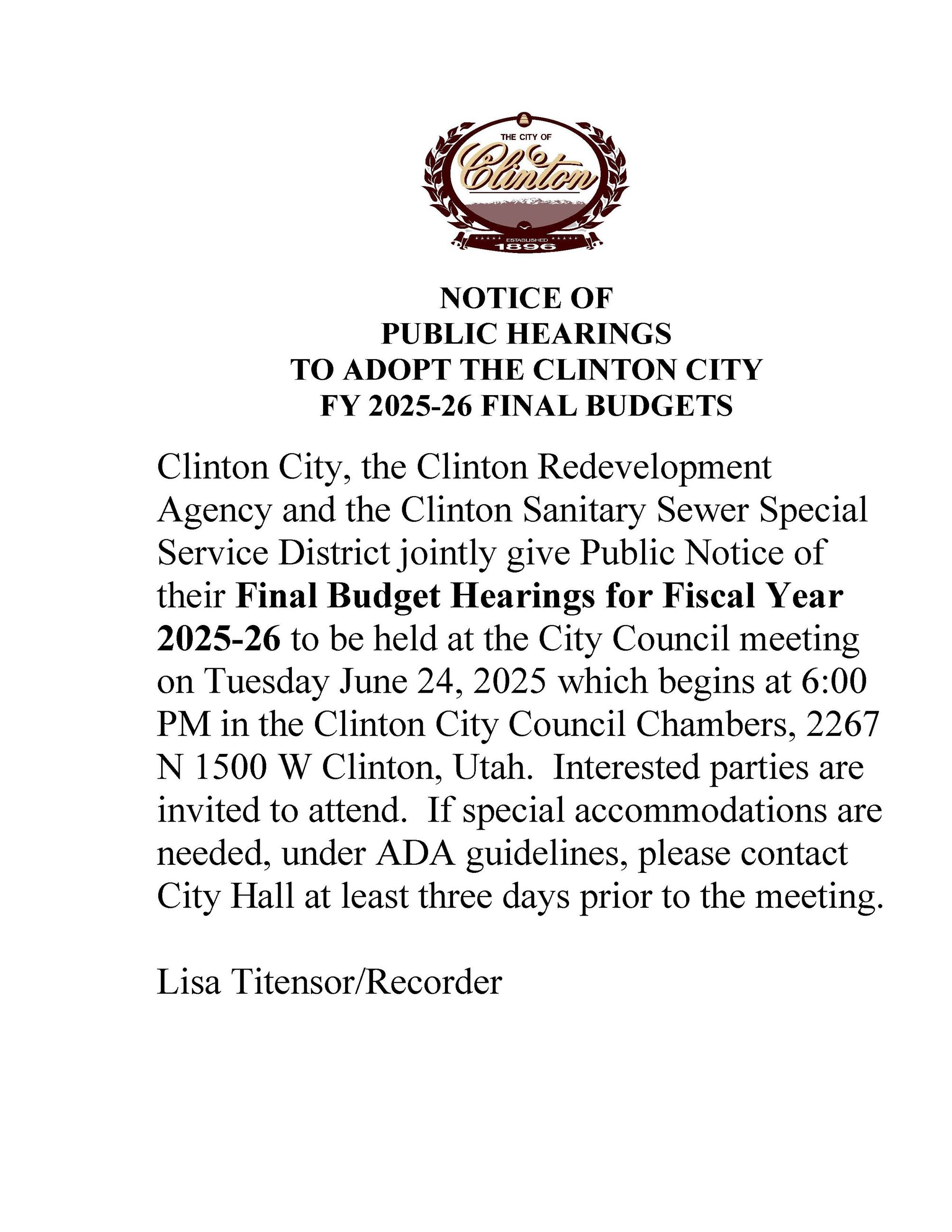 Notice of FY 2026 Final Budget Hearings June 24,2025
